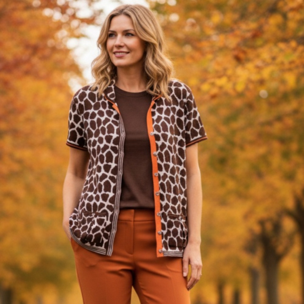 Talbots Brown and Cream Giraffe-Print Short-Sleeve Cardigan